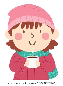 Illustration of a Kid Girl in Winter Clothes Holding a Warm Cup of Hot Choco