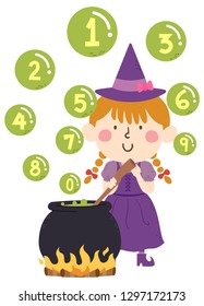 Illustration of a Kid Girl with Witch Costume Stirring Cauldron with Bubbles Floating Above with Numbers