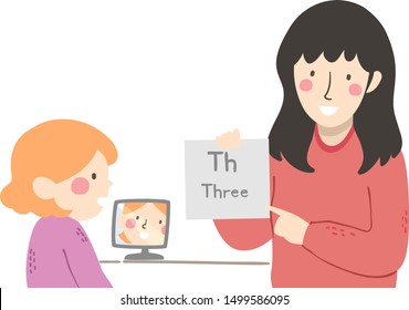 Illustration Of A Kid Girl Working With A Speech Therapist, Holding A Flash Card And Speaking In Front Of A Mirror