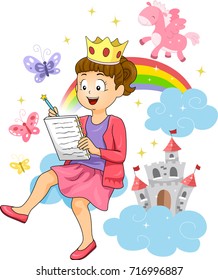 Illustration of a Kid Girl Writing a Fairy Tale Story with Butterflies, Unicorn, Castle, Clouds and Rainbow