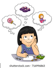 Illustration of a Kid Girl Writing Things to Buy with Her Money from Candies, Shoes to Toy Doll