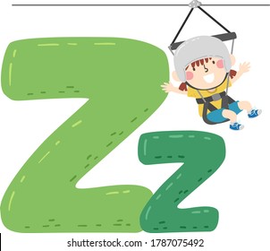 Illustration Of A Kid Girl Ziplining. Sports Alphabet