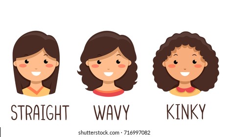 Illustration of Kid Girls with Straight, Wavy and Kinky Hair