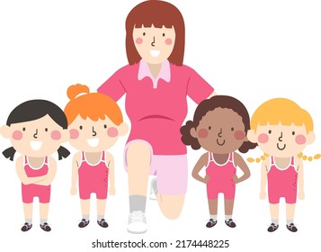 Illustration of Kid Girls and Wrestling Coach Girl Posing as a Team