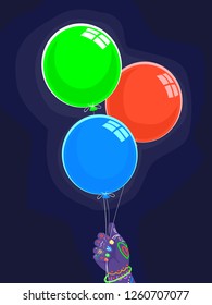 Illustration of a Kid Hand with Glow in the Dark Paint Holding Balloons