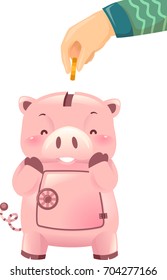 Illustration of a Kid Hand Inserting Coin Into a Happy Piggy Bank