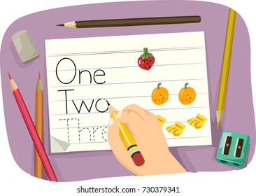 Illustration of a Kid Hand Tracing the Words One, Two and Three on Paper