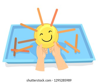 Illustration Of Kid Hands Holding A Sun Smiley With Ice Cream Sticks As Rays And An Activity Tray