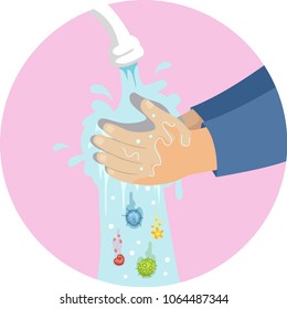 Illustration of a Kid Hands Washing Hands Under Faucet with Germs Falling Down