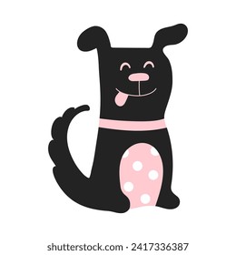 Illustration for kid with happy black puppy. Cute design background, baby clothes, room birthday decor, t-shirt print, wear fashion, invitation card