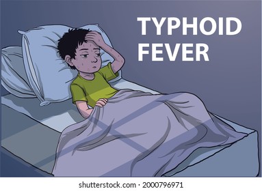 illustration of a kid having typhoid fever symptoms, sweating at night - vector