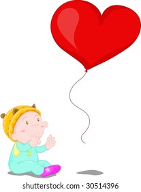 Illustration of kid with heart shaped red balloon