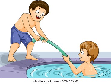Illustration of a Kid Helping a Friend Swim with a Pool Noodle in the Swimming Pool