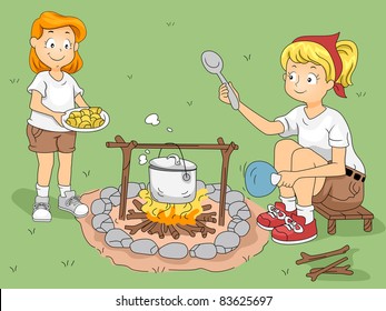 Illustration of a Kid Helping Her Counselor/Camp Leader Cook