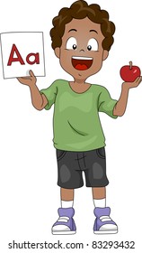 Illustration Of A Kid Holding An Apple And A Flashcard