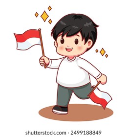 Illustration of a Kid Holding a Flag of Indonesia