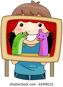 Illustration Of A Kid Hosting A Puppet Show