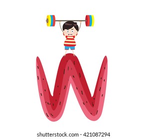 Illustration of a Kid Leaning on a Letter W