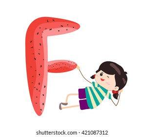Illustration of a Kid Leaning on a Letter F