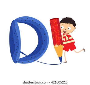 Illustration of a Kid Leaning on a Letter D