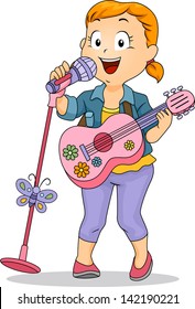 Illustration of a Kid Little Girl Performing using Toy Guitar and Microphone