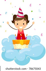 Illustration of a Kid Looking Happily at Her Birthday Cake