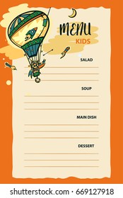 Illustration of kid menu vector template with balloon and rocket.