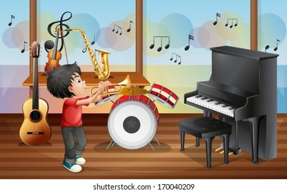 Illustration of a kid with musical instruments