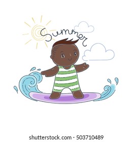 Illustration with a Kid on a Surfboard Riding a Wave. Vector illustration.