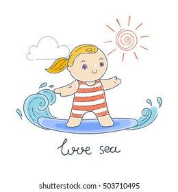 Illustration with a Kid on a Surfboard Riding a Wave. Vector illustration.