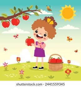 Ilustración De Un Niño Que Recoge Manzanas