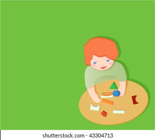 Illustration of kid play with building blocks on table against blank background.
