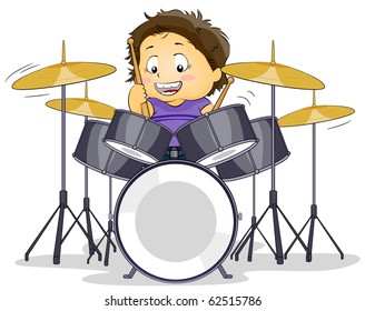 Illustration of a Kid Playing with a Drumset