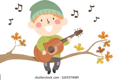 Ilustración de un niño tocando la guitarra y sentándose en una rama del árbol durante el otoño con notas musicales