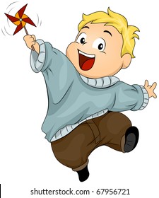 Illustration of a Kid Playing with a Pinwheel