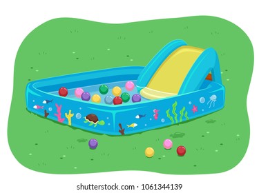 Ilustración de una piscina infantil con un tobogán lleno de agua y bolas