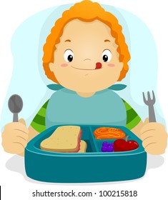 Illustration of a Kid Preparing to Eat His Lunch