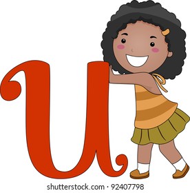 Illustration of a Kid Pushing the Letter U