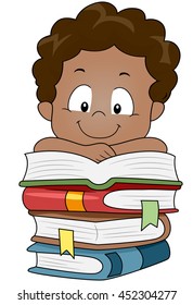 Illustration of a Kid Resting His Arms on a Pile of Books