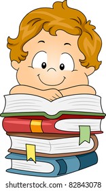 Illustration of a Kid Resting His Arms on a Pile of Books