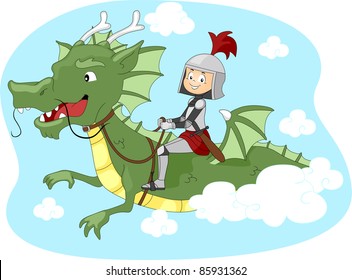 Illustration of a Kid Riding a Dragon