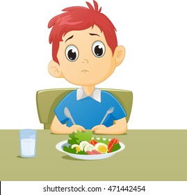 illustration of kid sad with his breakfast