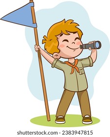 Illustration of a Kid Scout Holding a Flag and Looking at the Camera