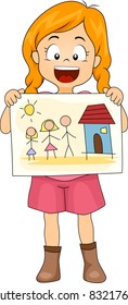 Illustration of a Kid Showing Her Drawing of Her Family