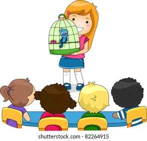 Illustration of a Kid Showing Her Pet to Her Classmates