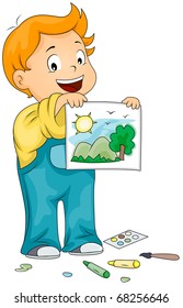 Illustration of a Kid Showing the Picture He Drew