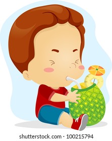 Illustration of a Kid Sipping Pineapple Juice
