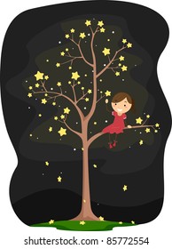 Illustration of a Kid Sitting on a Star Tree