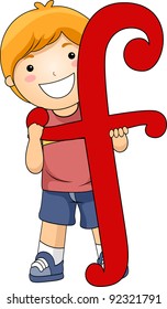 Illustration of a Kid Standing Behind a Letter F