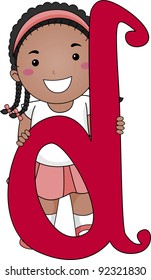 Ilustración de un niño parado detrás de una letra D